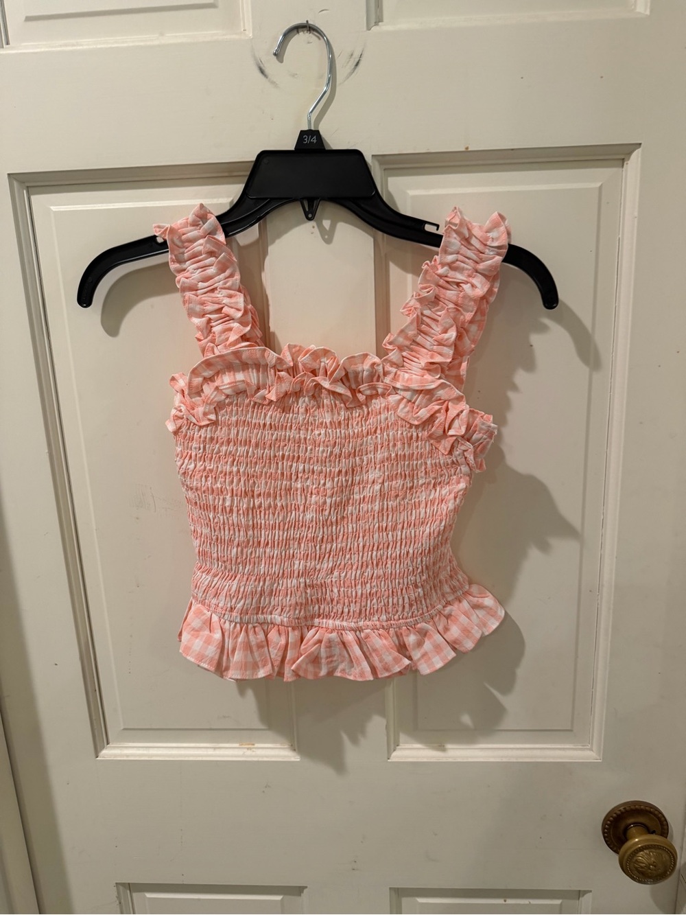 American Threads Pink Gingham Smocked Ruffle Crop Top Size S